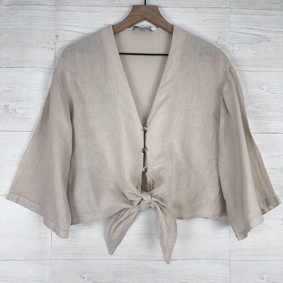 Zara Tops - Zara 100% Linen Button Up Tie Front Cropped Blouse Size M Oatmeal Neutral